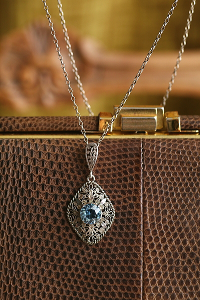 シルバーフィリグリー　ブルーグラスペンダント　ヨーロッパ アンティークストリュフ 20251001