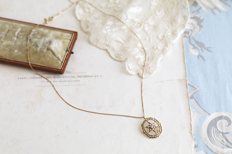 オールドマインカットダイヤモンド　パール　星のペンダント アンティークストリュフ