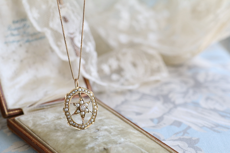 オールドマインカットダイヤモンド　パール　星のペンダント アンティークストリュフ