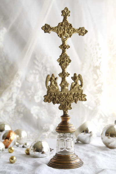 ガラス台の真鍮クロスオーナメント　天使　フランス アンティークストリュフ 20251202