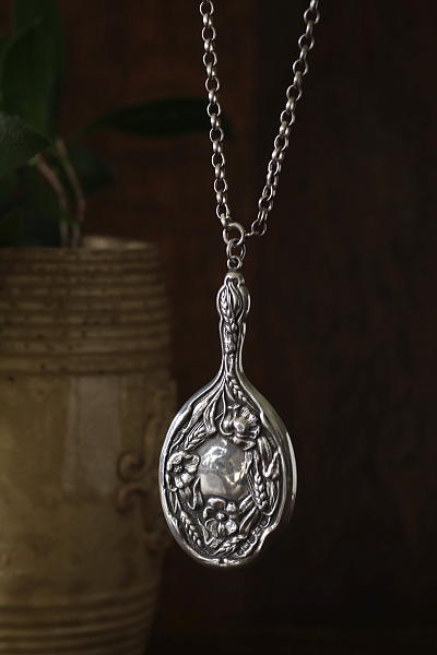 アールヌーボー　シルバーミニハンドミラー　麦穂と芥子　イギリス　アンティークストリュフ