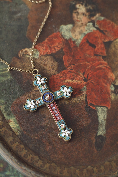 マイクロモザイクのスーベニールブローチとクロスペンダント　イタリア　アンティークストリュフ