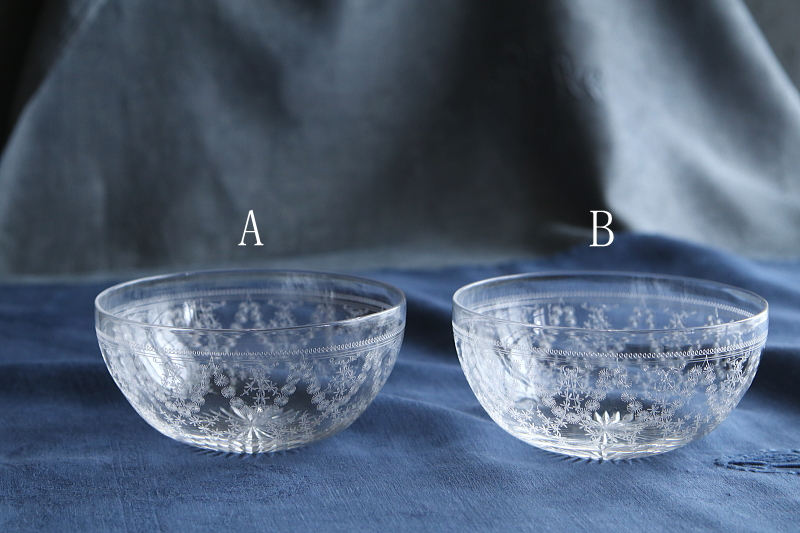 エッチングクリスタルフィンガーボウル　ガラス菓子器　イギリスアンティークストリュフ