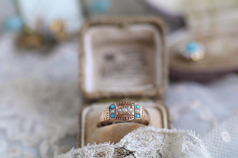 パール＆ターコイズ　ゴールドパネルリング　ヴィクトリアン　イギリス アンティークストリュフ