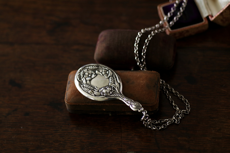 アールヌーボー　シルバーミニハンドミラー　麦穂と芥子　イギリス　アンティークストリュフ