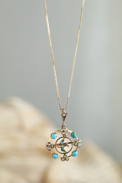 ターコイズ　パール　ツバメのペンダントブローチ　アンティークジュエリー　イギリス　アンティークストリュフ 20251210