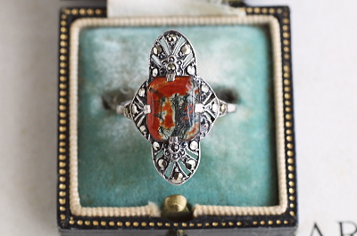 モスアゲート　シルバーアールデコリング　ヨーロッパ　アンティークストリュフ