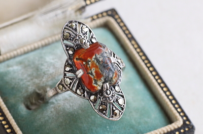 モスアゲート　シルバーアールデコリング　ヨーロッパ　アンティークストリュフ