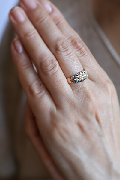 パール＆ターコイズ　ゴールドパネルリング　ヴィクトリアン　イギリス アンティークストリュフ