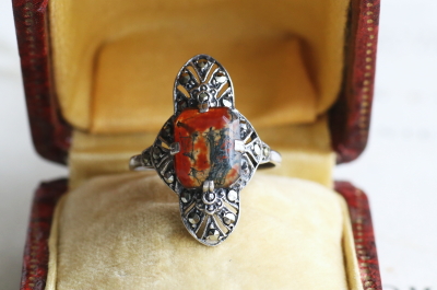 モスアゲート　シルバーアールデコリング　ヨーロッパ　アンティークストリュフ