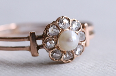 パールアンドローズカットダイヤ　デイジーリング　フランス　アンティークストリュフ
