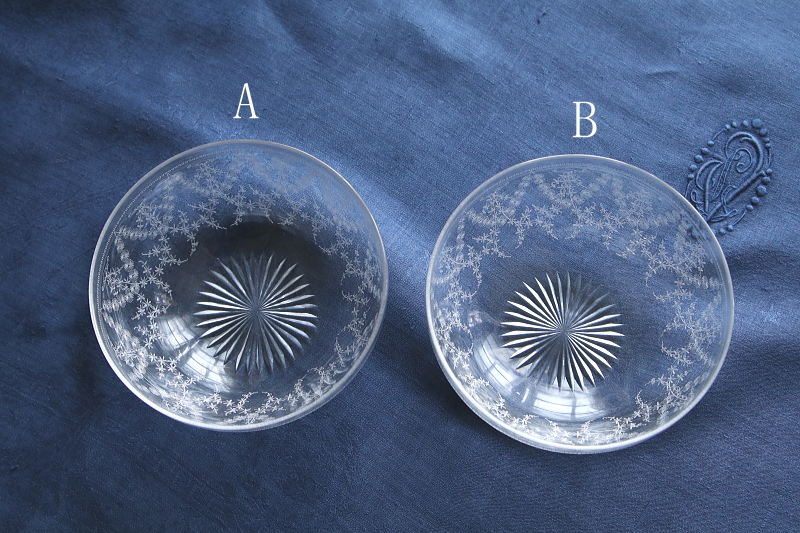 エッチングクリスタルフィンガーボウル　ガラス菓子器　イギリスアンティークストリュフ