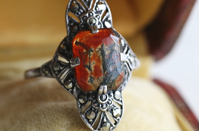 モスアゲート　シルバーアールデコリング　ヨーロッパ　アンティークストリュフ