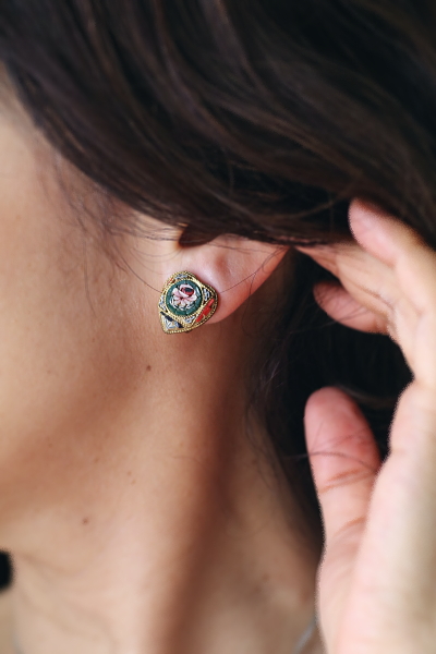 ヴィンテージイヤリング　ボーン　マーカサイト　ラインストーン　マイクロモザイク　シルバー イギリス　アンティークストリュフ