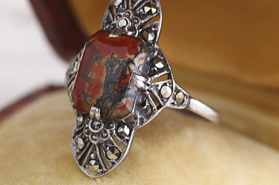 モスアゲート　シルバーアールデコリング　ヨーロッパ　アンティークストリュフ