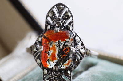 モスアゲート　シルバーアールデコリング　ヨーロッパ　アンティークストリュフ