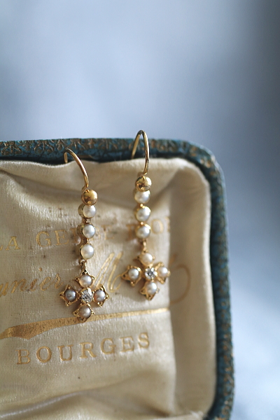 シーパールオールドヨーロピアンカットダイヤ　ゴールドドロップピアス　イギリス　アンティークストリュフ 20250905