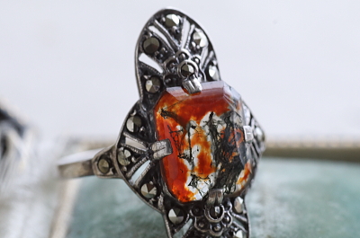 モスアゲート　シルバーアールデコリング　ヨーロッパ　アンティークストリュフ