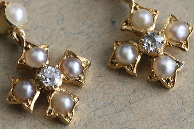 シーパールオールドヨーロピアンカットダイヤ　ゴールドドロップピアス　イギリス　アンティークストリュフ