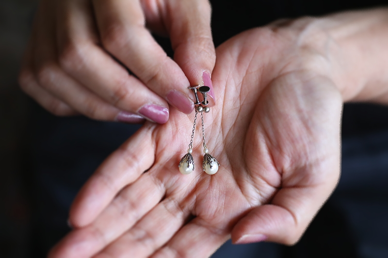 グラスパール　シルバーイヤリング　ヨーロッパ　アンティークストリュフ