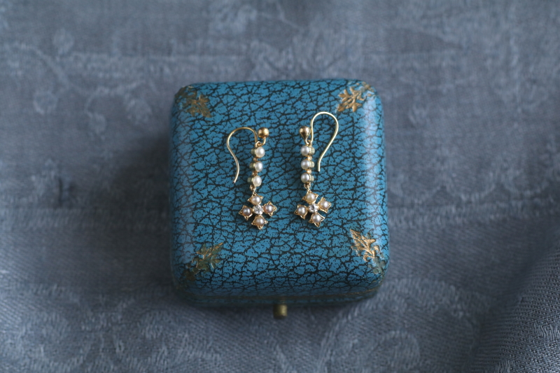 シーパールオールドヨーロピアンカットダイヤ　ゴールドドロップピアス　イギリス　アンティークストリュフ