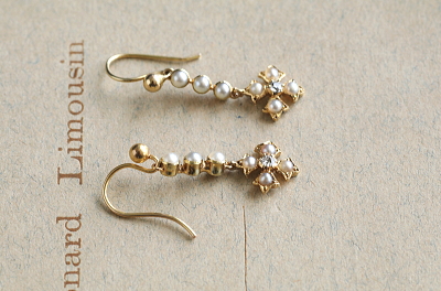 シーパールオールドヨーロピアンカットダイヤ　ゴールドドロップピアス　イギリス　アンティークストリュフ