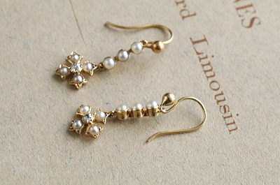 シーパールオールドヨーロピアンカットダイヤ　ゴールドドロップピアス　イギリス　アンティークストリュフ