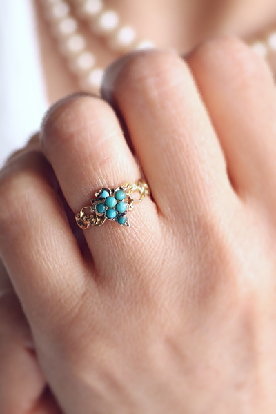 ヴィクトリアン　ターコイズ　クラスターリング　イギリス　アンティークストリュフ