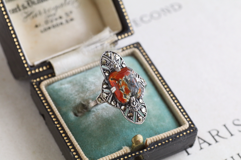 モスアゲート　シルバーアールデコリング　ヨーロッパ　アンティークストリュフ