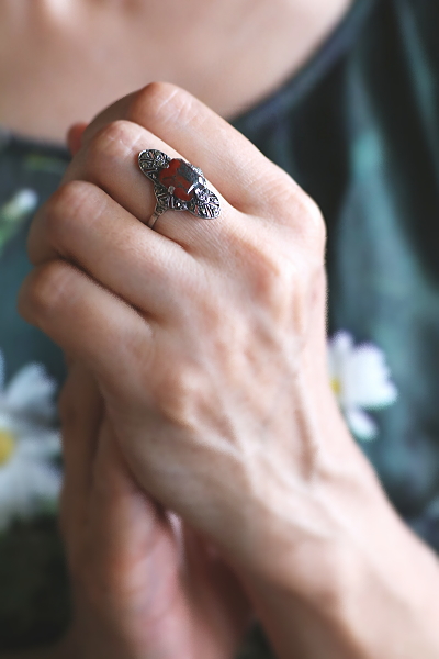 モスアゲート　シルバーアールデコリング　ヨーロッパ　アンティークストリュフ