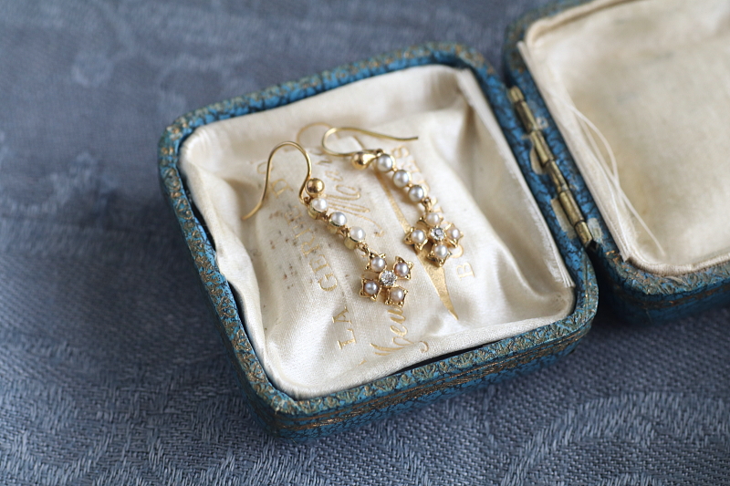 シーパールオールドヨーロピアンカットダイヤ　ゴールドドロップピアス　イギリス　アンティークストリュフ