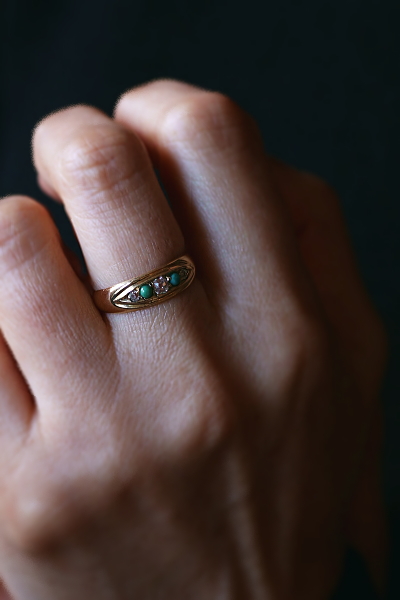 オールドマインカットダイヤ　ターコイズ　ジプシーリング　イギリス　アンティークストリュフ 202602019