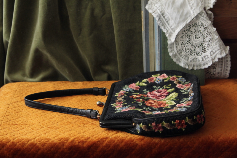 アンティークプチポワンバッグ　薔薇　ウール　ヨーロッパ