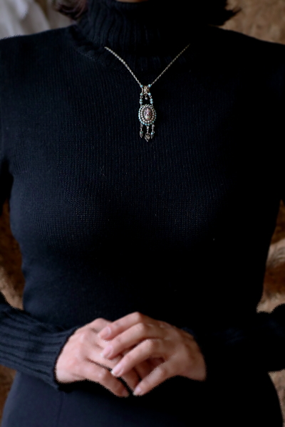 天子のエナメルミニアチュール　ターコイズアンドパール　シルバーペンダント　ヨーロッパ　アンティークストリュフ