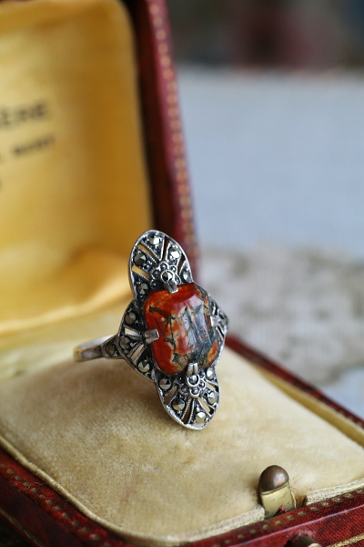 モスアゲート　シルバーアールデコリング　ヨーロッパ　アンティークストリュフ 20250829