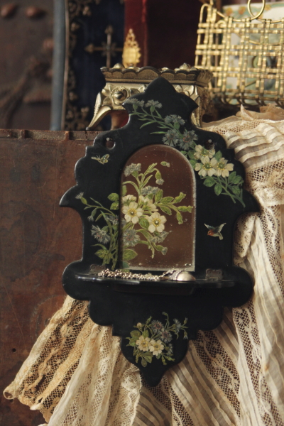 アンティークパピエマシェドレッシングミラー　ミニチュア　バラ　イギリス　ヴィクトリアンアンティーク